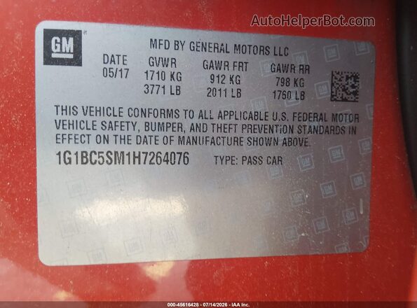 1G1BC5SM1H7264076 2017 CHEVROLET CRUZE Red Vista del compartimento del motor