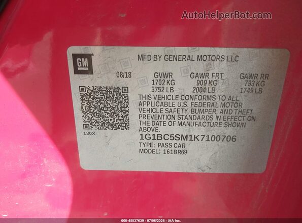 1G1BC5SM1K7100706 2019 CHEVROLET CRUZE Red Вид підкапотного простору