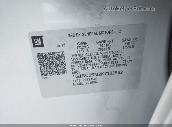 1G1BC5SM2K7102562 2019 CHEVROLET CRUZE Silver Вид підкапотного простору