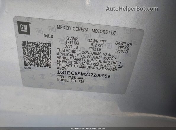 1G1BC5SM3J7209859 2018 CHEVROLET CRUZE Silver Vista del compartimento del motor