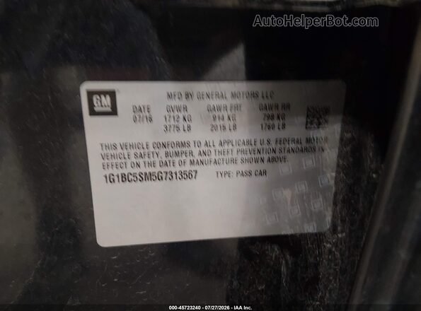 1G1BC5SM5G7313567 2016 CHEVROLET CRUZE Black Vista del compartimento del motor