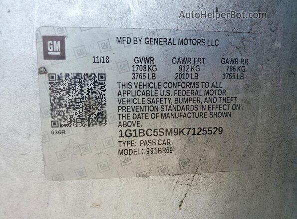 1G1BC5SM9K7125529 2019 CHEVROLET CRUZE Silver VIN კოდის სტიკერის ხედი