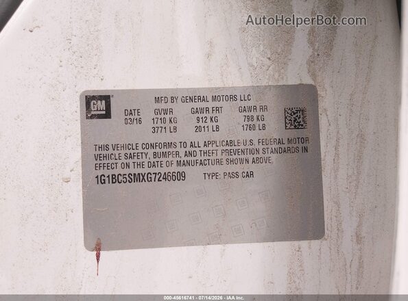 1G1BC5SMXG7246609 2016 CHEVROLET CRUZE White Widok komory silnika
