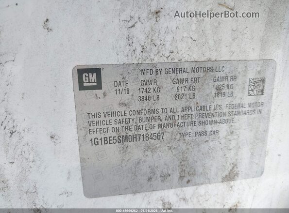 1G1BE5SM0H7184567 2017 CHEVROLET CRUZE White Вид підкапотного простору