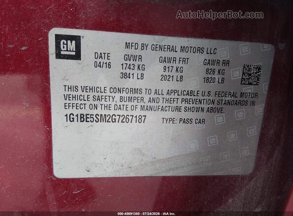 1G1BE5SM2G7267187 2016 CHEVROLET CRUZE Red Engine compartment view