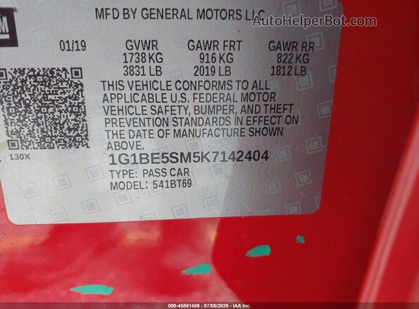 1G1BE5SM5K7142404 2019 CHEVROLET CRUZE Красный Вид подкапотного пространства