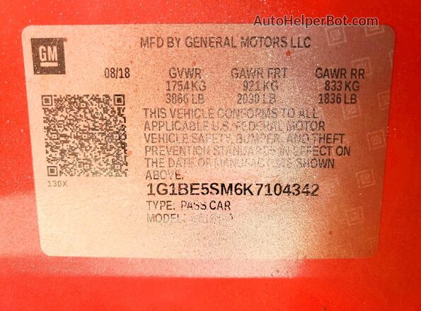 1G1BE5SM6K7104342 2019 CHEVROLET CRUZE Красный Вид наклейки с VIN-кодом