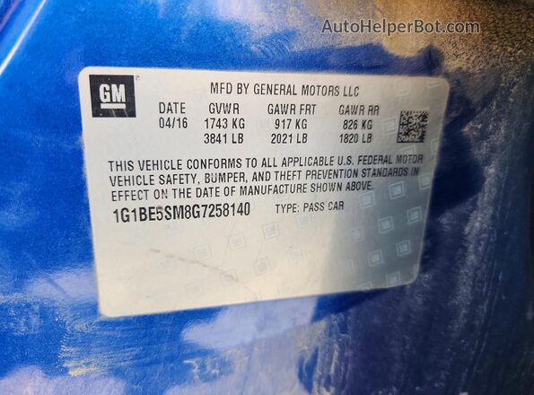 1G1BE5SM8G7258140 2016 CHEVROLET CRUZE Blue Engine compartment view