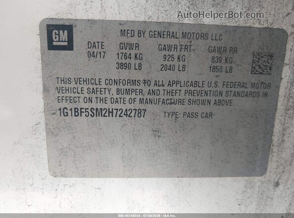 1G1BF5SM2H7242787 2017 CHEVROLET CRUZE White Շարժիչի բաժամունքի տեսք