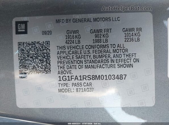 1G1FA1RS8M0103487 2021 CHEVROLET CAMARO Gray Vista del compartimento del motor