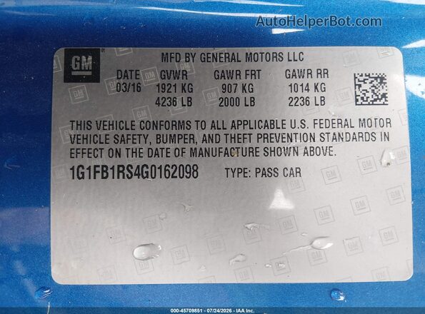1G1FB1RS4G0162098 2016 CHEVROLET CAMARO Blue Engine compartment view