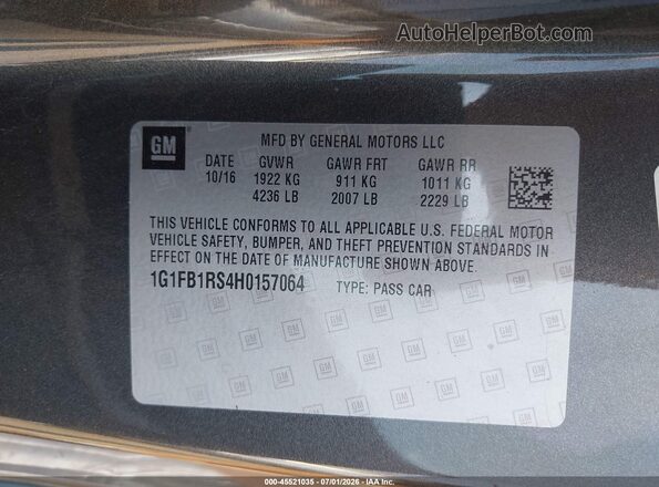 1G1FB1RS4H0157064 2017 CHEVROLET CAMARO Gray Շարժիչի բաժամունքի տեսք