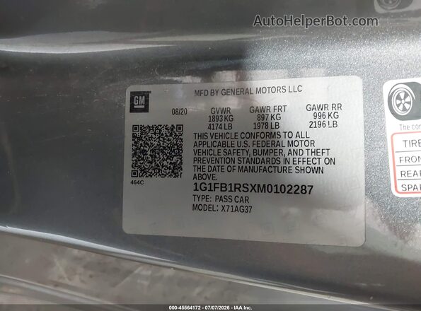 1G1FB1RSXM0102287 2021 CHEVROLET CAMARO Gray Вид підкапотного простору