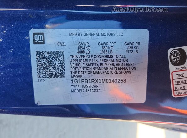 1G1FB1RX1M0140258 2021 CHEVROLET CAMARO Blue VIN კოდის სტიკერის ხედი