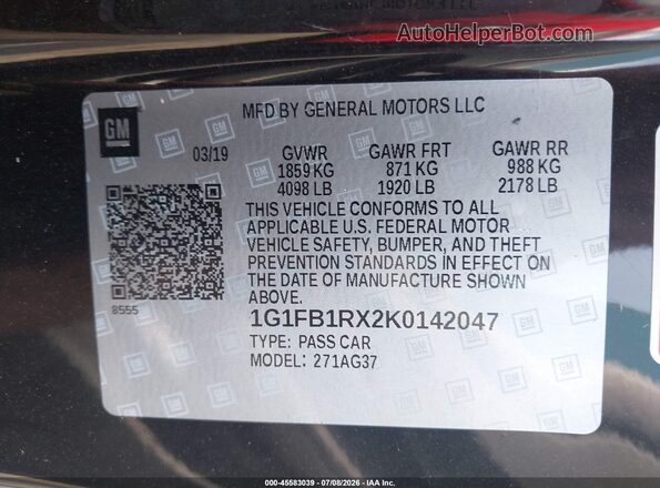 1G1FB1RX2K0142047 2019 CHEVROLET CAMARO Black Vista del compartimento del motor