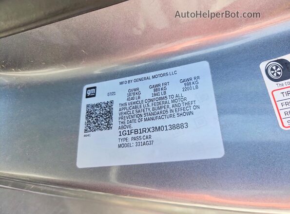 1G1FB1RX3M0138883 2021 CHEVROLET CAMARO Серый Вид наклейки с VIN-кодом