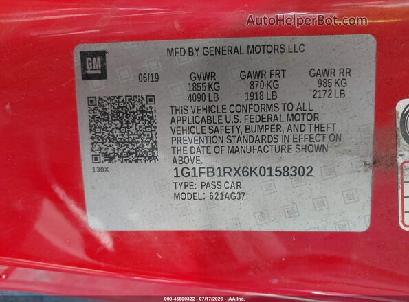 1G1FB1RX6K0158302 2019 CHEVROLET CAMARO Red Вид підкапотного простору