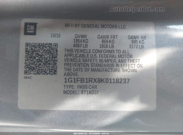 1G1FB1RX8K0118237 2019 CHEVROLET CAMARO Gray Вид підкапотного простору