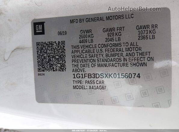 1G1FB3DSXK0156074 2019 CHEVROLET CAMARO White ძრავის განყოფილების ხედი