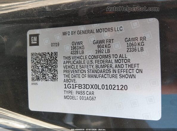 1G1FB3DX0L0102120 2020 CHEVROLET CAMARO Черный Вид подкапотного пространства
