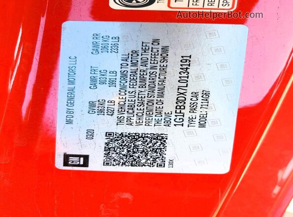 1G1FB3DX7L0134191 2020 CHEVROLET CAMARO Red Vista de la etiqueta del VIN