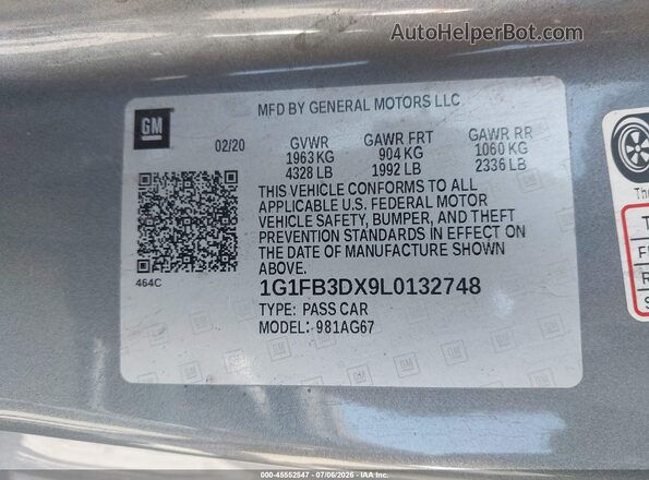 1G1FB3DX9L0132748 2020 CHEVROLET CAMARO Gray Widok komory silnika