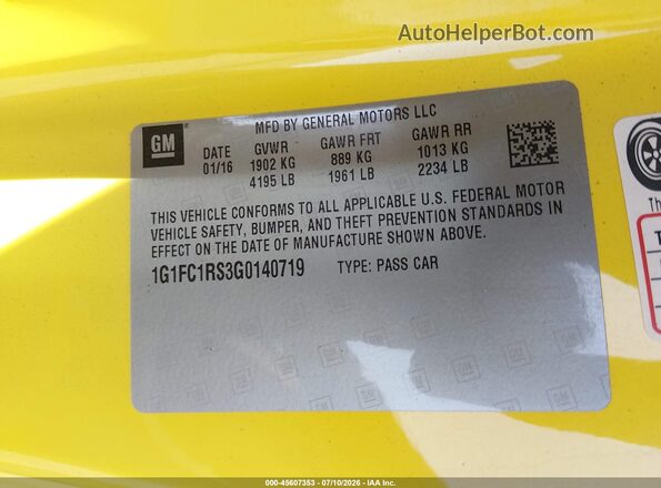 1G1FC1RS3G0140719 2016 CHEVROLET CAMARO Желтый Вид подкапотного пространства