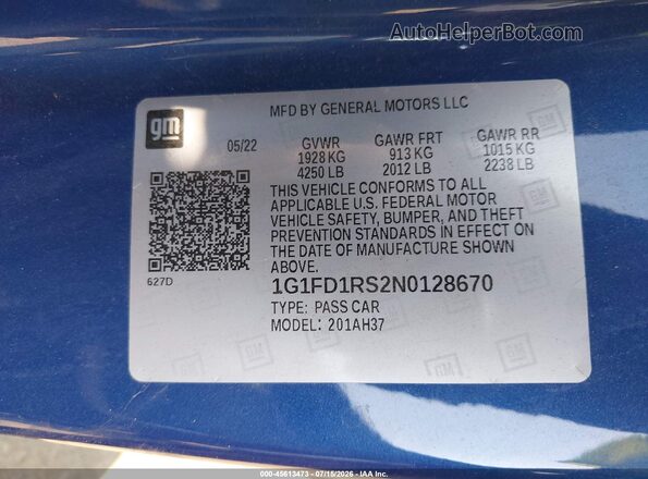 1G1FD1RS2N0128670 2022 CHEVROLET CAMARO Blue Vista del compartimento del motor