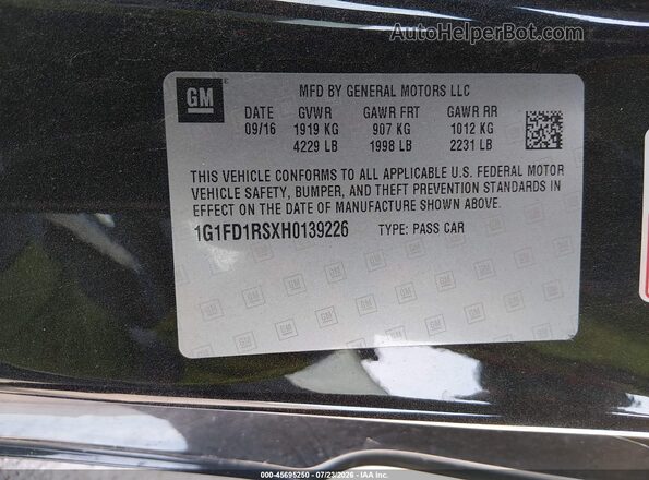1G1FD1RSXH0139226 2017 CHEVROLET CAMARO Black Vista del compartimento del motor
