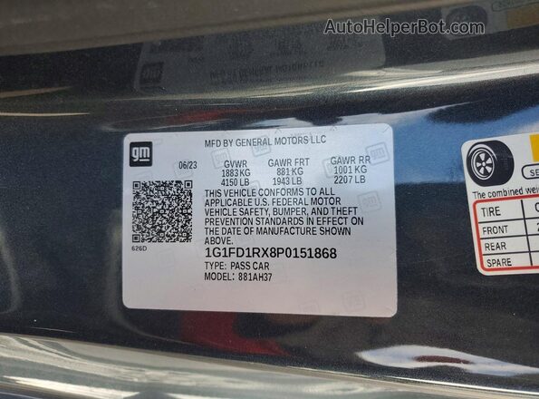 1G1FD1RX8P0151868 2023 CHEVROLET CAMARO Gray Vista de la etiqueta del VIN