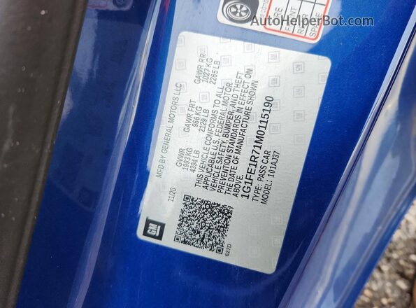 1G1FE1R71M0115190 2021 CHEVROLET CAMARO Blue Вид наклейки з VIN-кодом