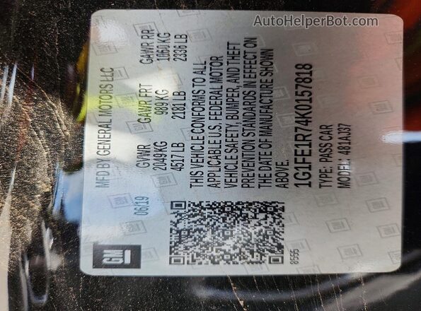 1G1FE1R74K0157818 2019 CHEVROLET CAMARO Black ძრავის განყოფილების ხედი