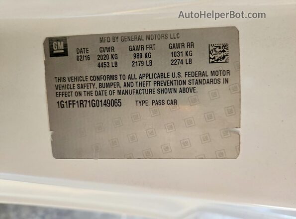 1G1FF1R71G0149065 2016 CHEVROLET CAMARO Белый Вид наклейки с VIN-кодом