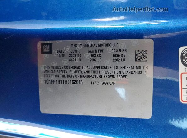1G1FF1R71H0162013 2017 CHEVROLET CAMARO Blue Շարժիչի բաժամունքի տեսք