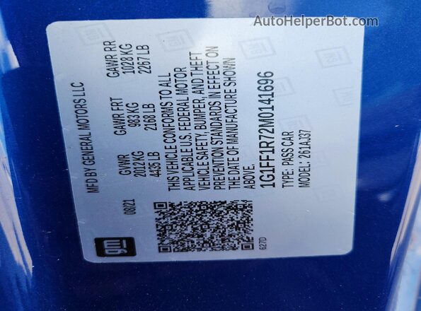 1G1FF1R72M0141696 2021 CHEVROLET CAMARO Blue Vista del compartimento del motor