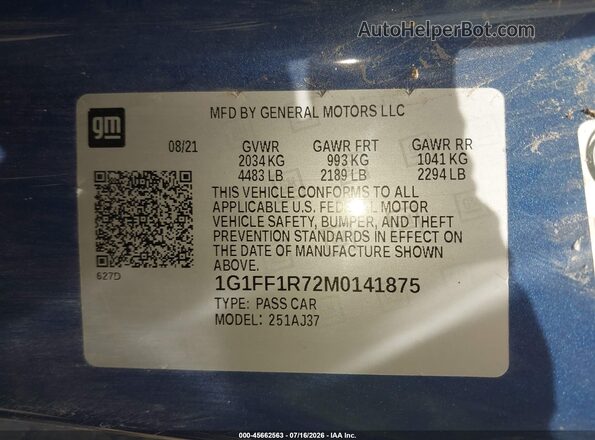 1G1FF1R72M0141875 2021 CHEVROLET CAMARO Синий Вид подкапотного пространства
