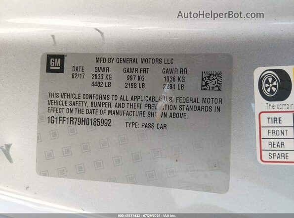 1G1FF1R79H0185992 2017 CHEVROLET CAMARO Серебряный Вид подкапотного пространства