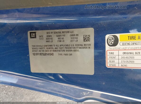 1G1FF1R79J0141643 2018 CHEVROLET CAMARO Blue Vista del compartimento del motor