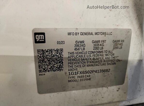 1G1FX6S02P4135692 2023 CHEVROLET BOLT White Vista de la etiqueta del VIN