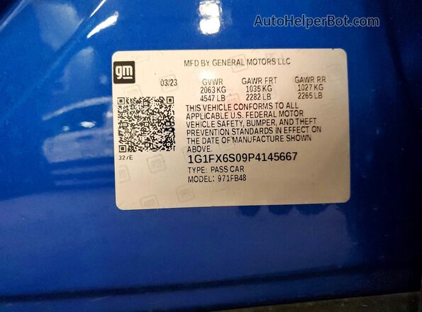 1G1FX6S09P4145667 2023 CHEVROLET BOLT Синий Вид наклейки с VIN-кодом