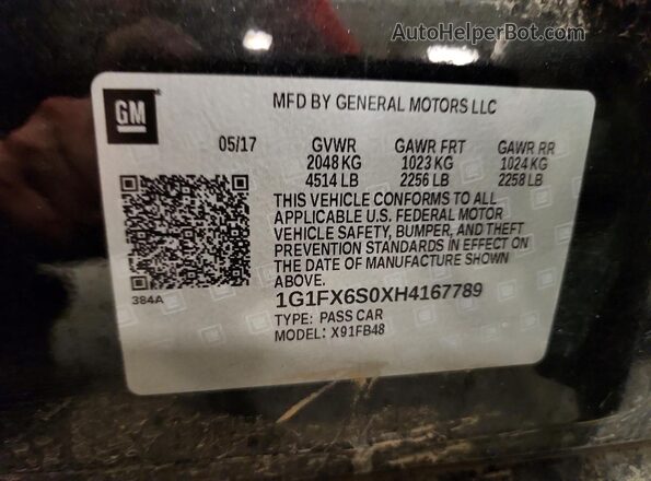 1G1FX6S0XH4167789 2017 CHEVROLET BOLT Черный Вид наклейки с VIN-кодом