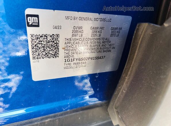 1G1FY6S02P4155437 2023 CHEVROLET BOLT Blue VIN კოდის სტიკერის ხედი