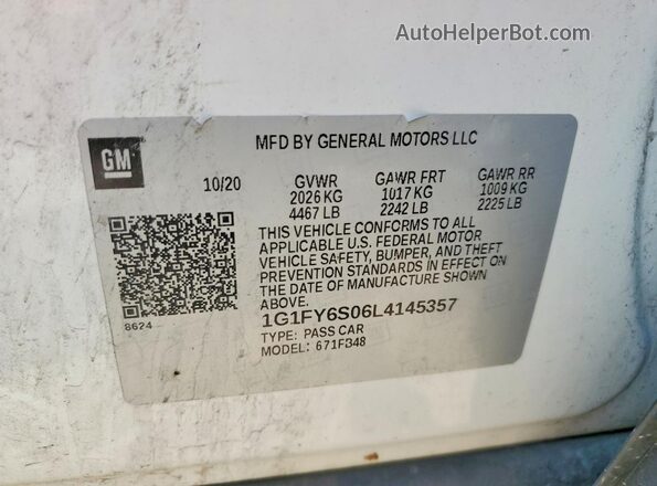 1G1FY6S06L4145357 2020 CHEVROLET BOLT White ძრავის განყოფილების ხედი