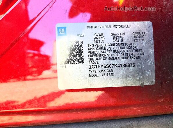 1G1FY6S07K4136875 2019 CHEVROLET BOLT Red VIN կոդի պիտակի տեսք