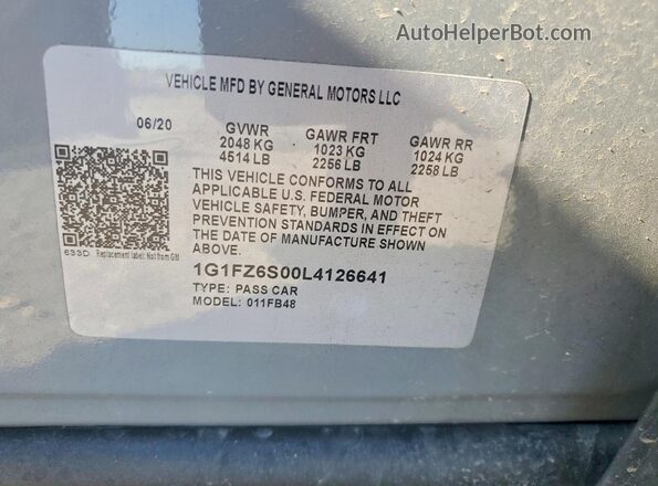 1G1FZ6S00L4126641 2020 CHEVROLET BOLT Gray VIN კოდის სტიკერის ხედი