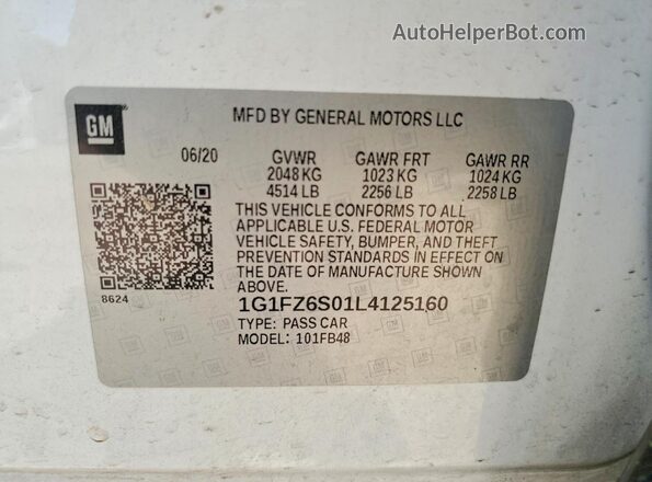 1G1FZ6S01L4125160 2020 CHEVROLET BOLT White Вид наклейки з VIN-кодом