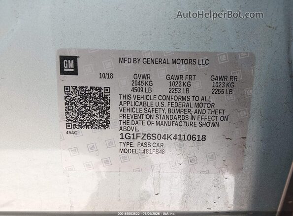 1G1FZ6S04K4110618 2019 CHEVROLET BOLT Light Blue Вид підкапотного простору