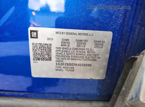1G1FZ6S07K4101699 2019 CHEVROLET BOLT Blue Vista de la etiqueta del VIN