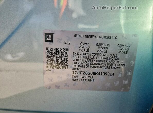 1G1FZ6S08K4139314 2019 CHEVROLET BOLT Бирюзовый Вид наклейки с VIN-кодом