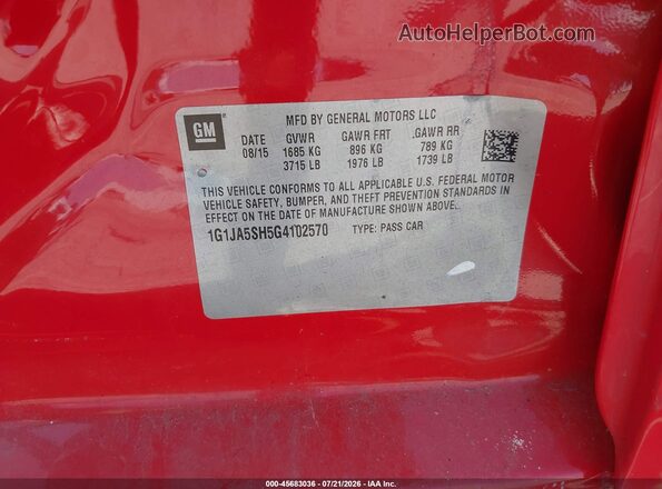 1G1JA5SH5G4102570 2016 CHEVROLET SONIC Red Вид підкапотного простору